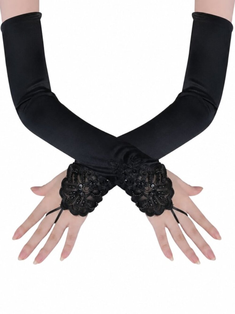 Women's Long Smooth Black Long Opera Party 20s Satin Glove Stretchy Elbow Length